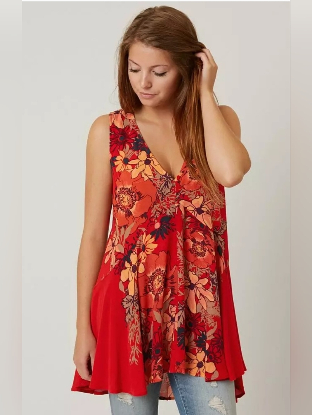Free People Backyard Party Red Floral Tunic Top Size L